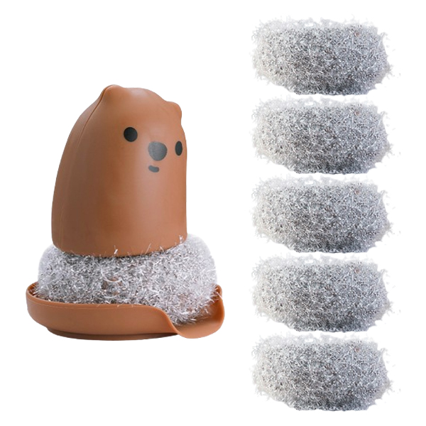 ABM곰돌이 손잡이 아크릴수세미 브라운 본품+리필5개