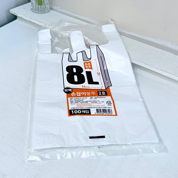 손잡이봉투 2호 8L 유백 100매 24x9x38