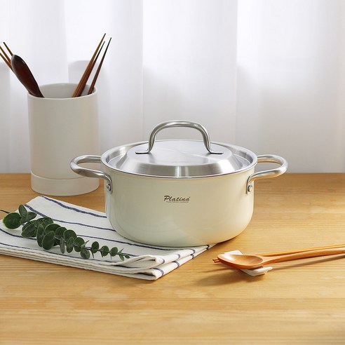 플래티나 인덕션 통3중 크림냄비 양수20cm