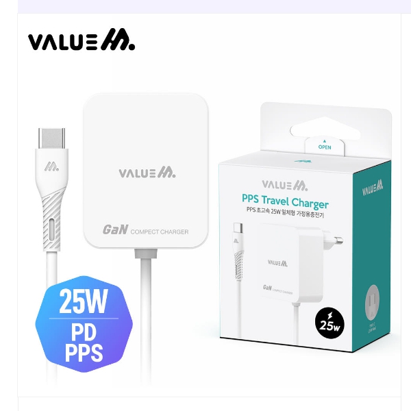 밸류엠25W(PD3.0)PPS스퀘어C타입초고속일체형가정용충전기